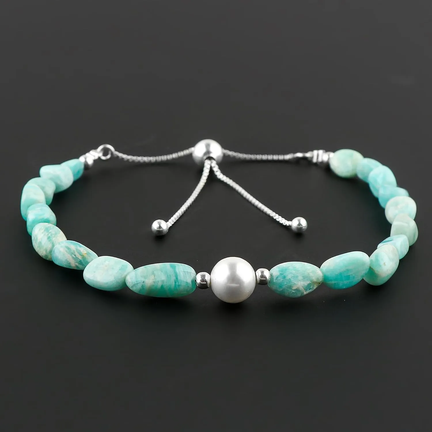 Natural Amazonite Gemstones Bolo Bracelet with Cultured Pearl Beads Stone, Handmade Jewelry, Chakra Healing Crystals, Silver Plated Chain 10inch, Gift for Women