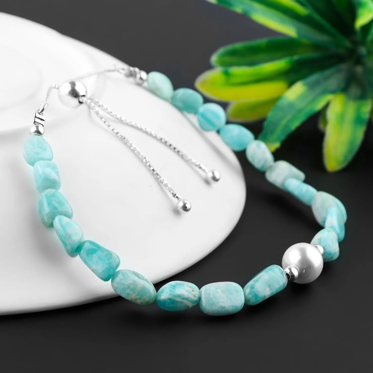 Natural Amazonite Gemstones Bolo Bracelet with Cultured Pearl Beads Stone, Handmade Jewelry, Chakra Healing Crystals, Silver Plated Chain 10inch, Gift for Women