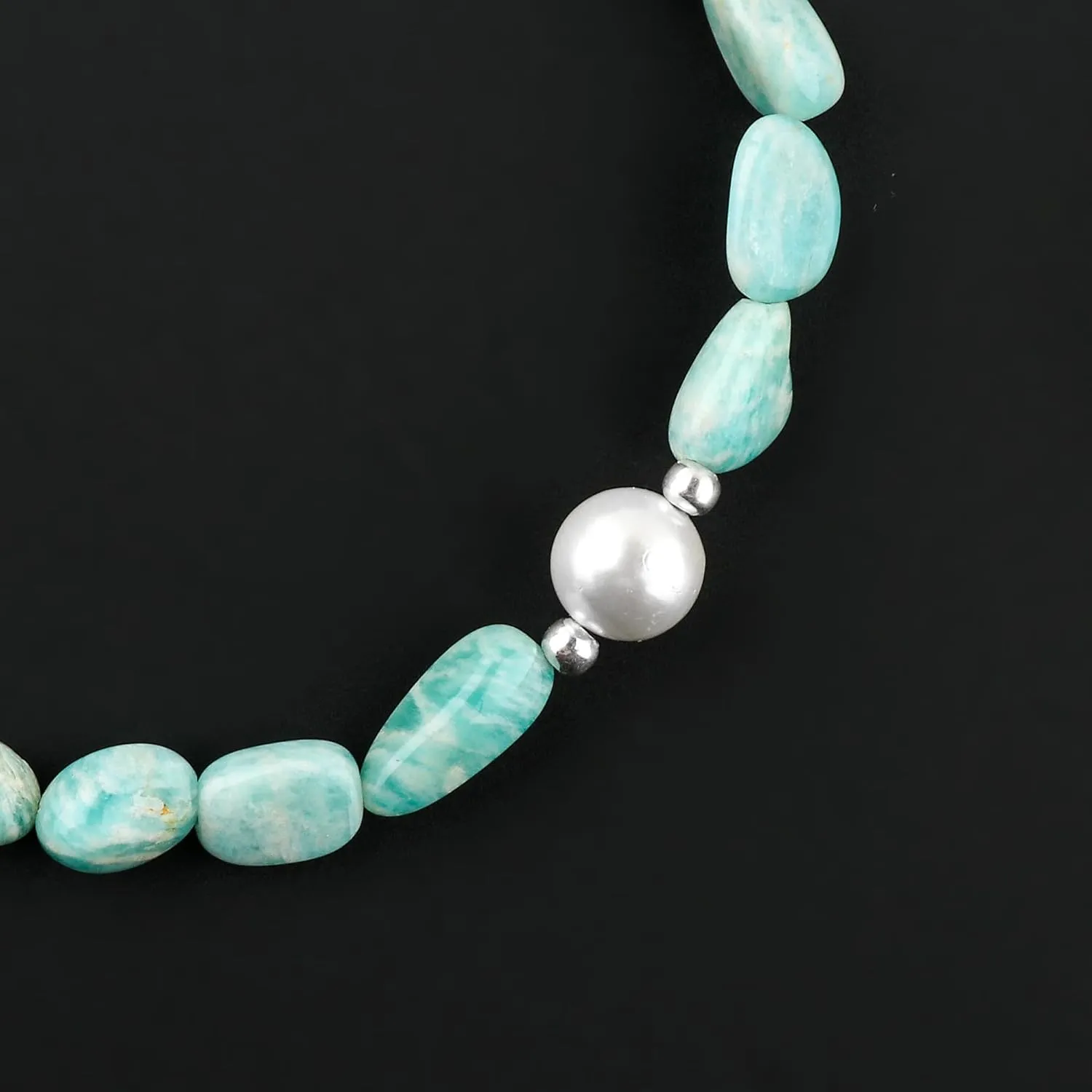 Natural Amazonite Gemstones Bolo Bracelet with Cultured Pearl Beads Stone, Handmade Jewelry, Chakra Healing Crystals, Silver Plated Chain 10inch, Gift for Women