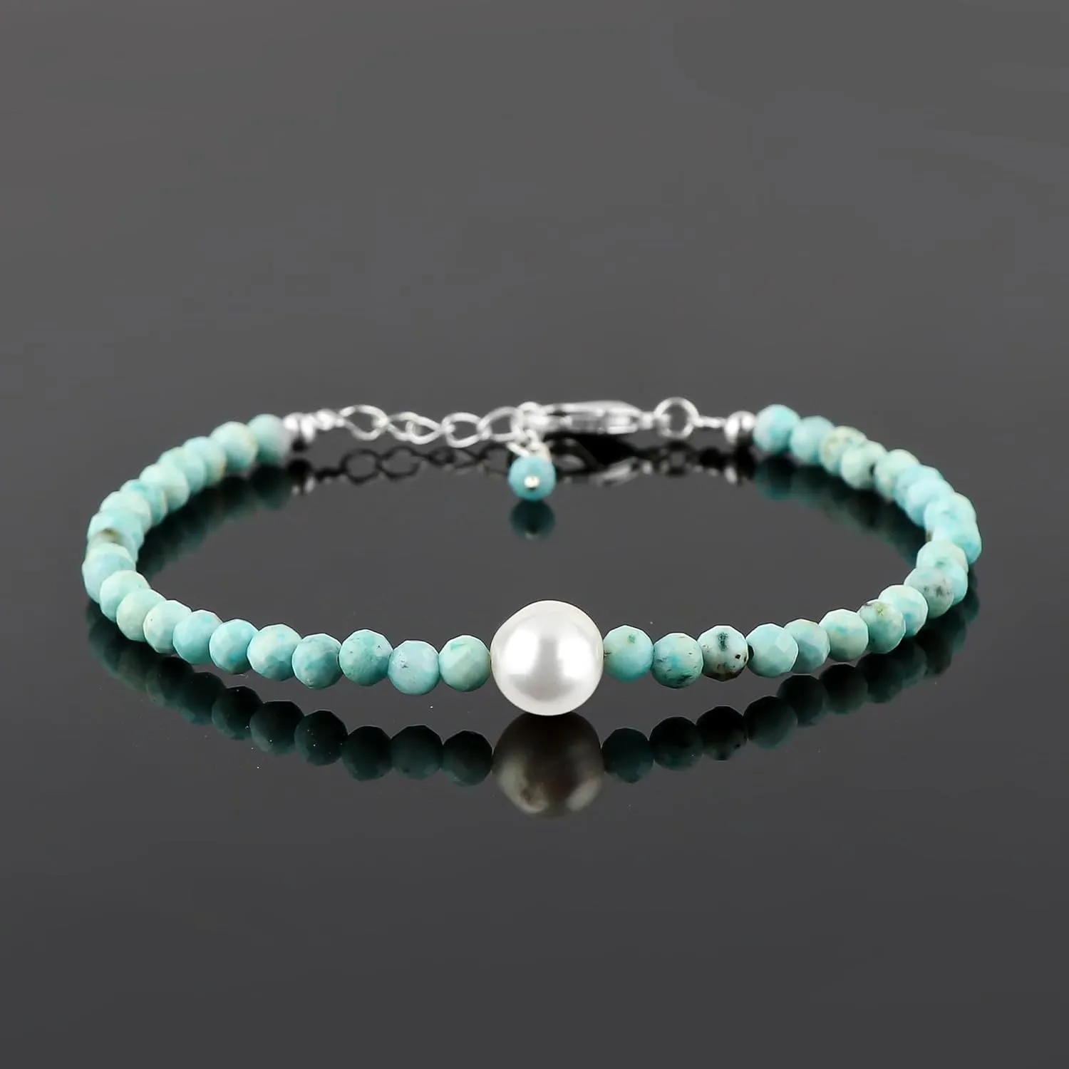 Natural Sky Blue Larimar Gemstone Bracelet with Cultured Pearl, Round Beads Stones, Silver Plated, Handmade Jewelry, Healing Crystals, Adjustable Chain, Christmas Gift for Women, 8inch