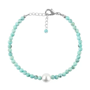 Natural Sky Blue Larimar Gemstone Bracelet with Cultured Pearl, Round Beads Stones, Silver Plated, Handmade Jewelry, Healing Crystals, Adjustable Chain, Christmas Gift for Women, 8inch
