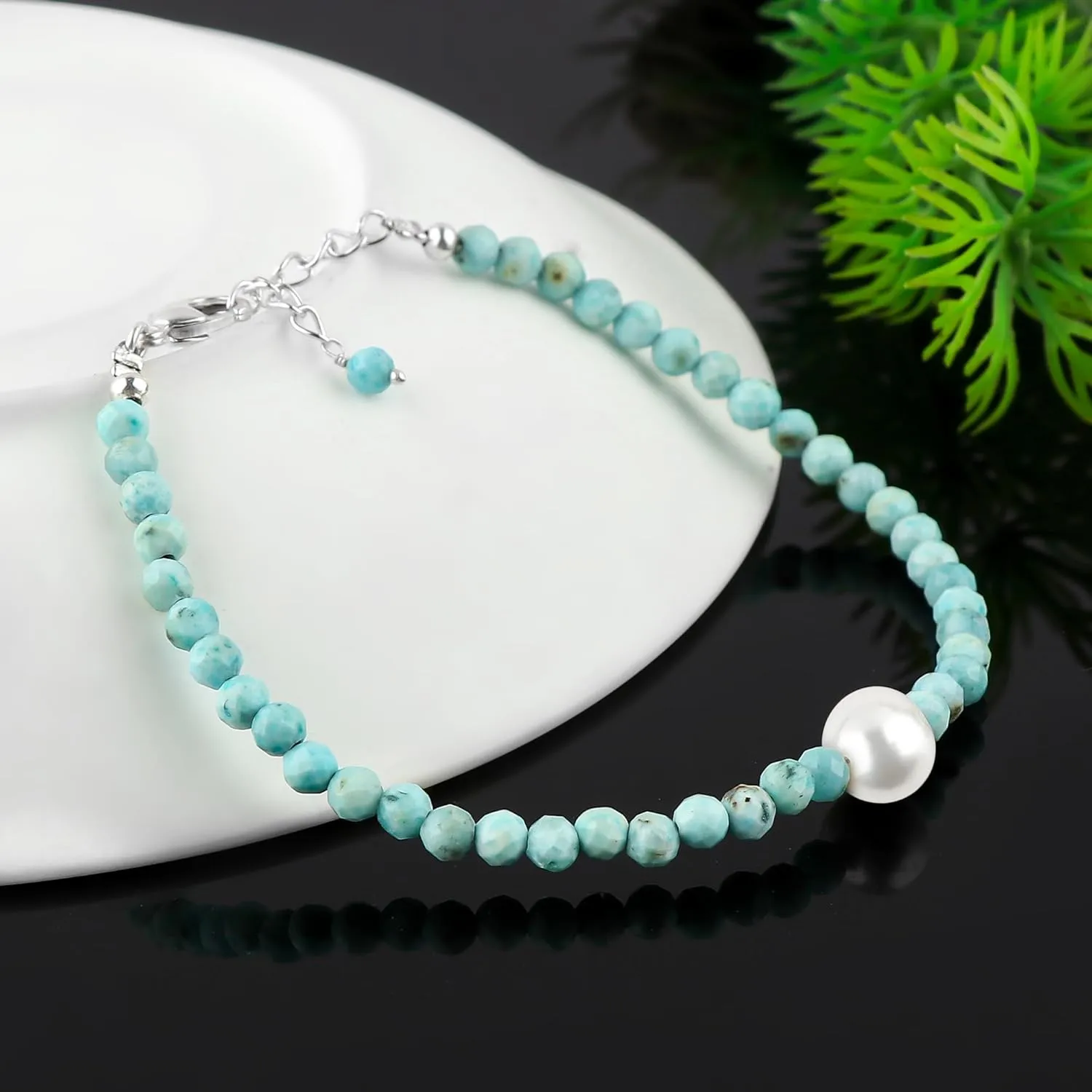 Natural Sky Blue Larimar Gemstone Bracelet with Cultured Pearl, Round Beads Stones, Silver Plated, Handmade Jewelry, Healing Crystals, Adjustable Chain, Christmas Gift for Women, 8inch