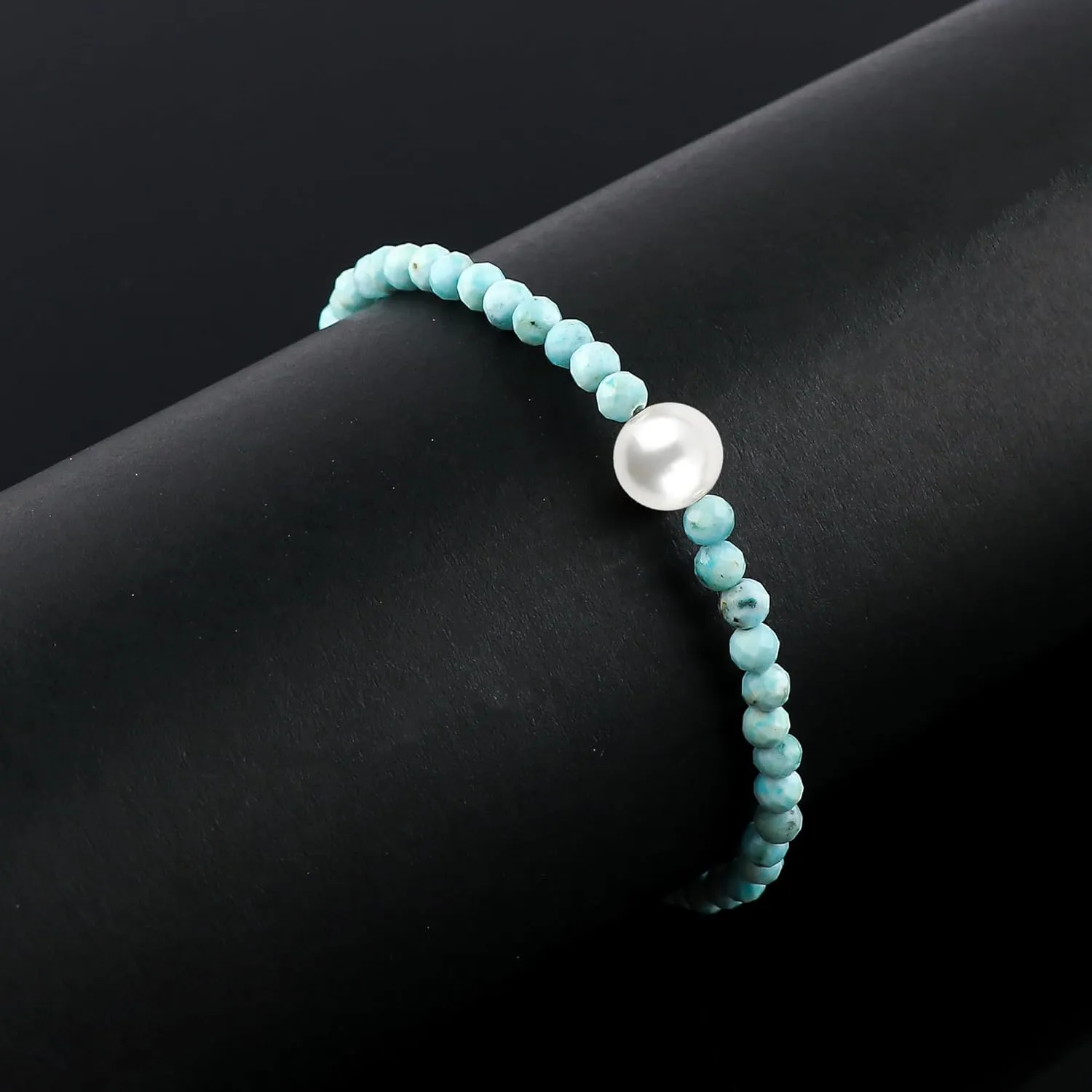 Natural Sky Blue Larimar Gemstone Bracelet with Cultured Pearl, Round Beads Stones, Silver Plated, Handmade Jewelry, Healing Crystals, Adjustable Chain, Christmas Gift for Women, 8inch