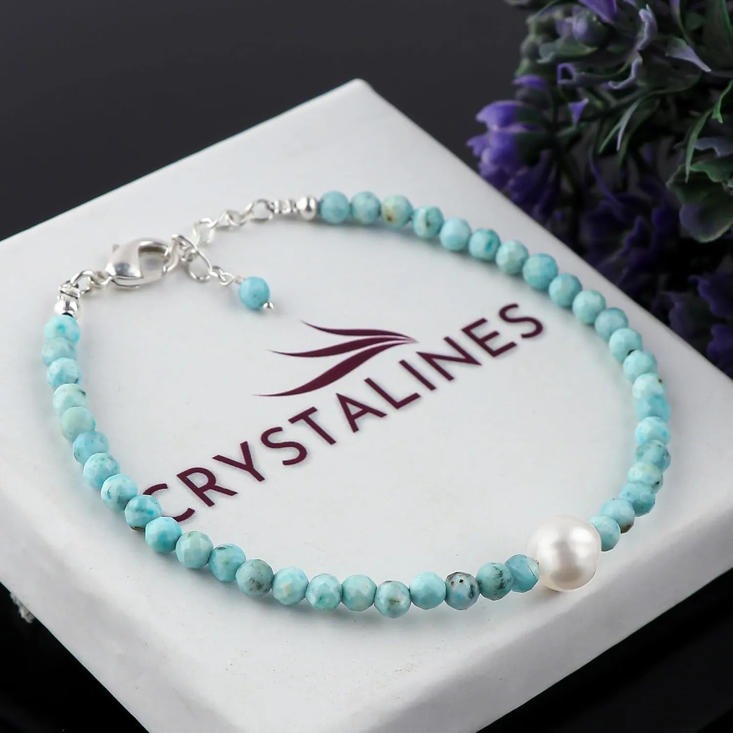Natural Sky Blue Larimar Gemstone Bracelet with Cultured Pearl, Round Beads Stones, Silver Plated, Handmade Jewelry, Healing Crystals, Adjustable Chain, Christmas Gift for Women, 8inch