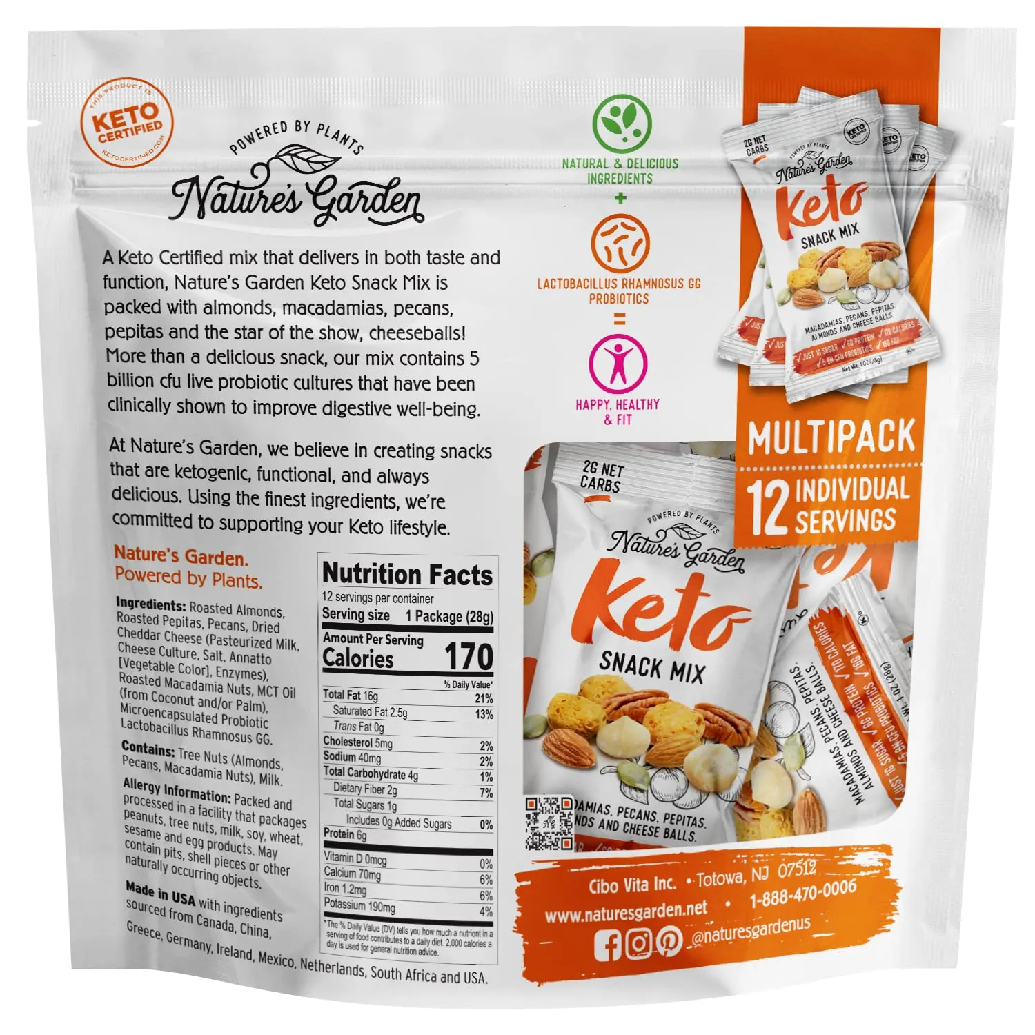 Nature’s Garden Keto Snack Mix - Probiotic Cheese Balls, Crunchy Keto Snack, Keto Snack Mix, All Natural, Low Carb, Heart Healthy Nuts – 1 Oz Bags (12 Individual Servings)