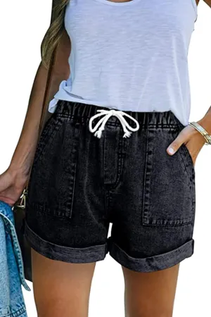 NEYOUQE Women's Casual Fashion Denim Shorts High Waisted Ripped Short Jeans Stretchy Drawstring Elastic Waist Jean 2025