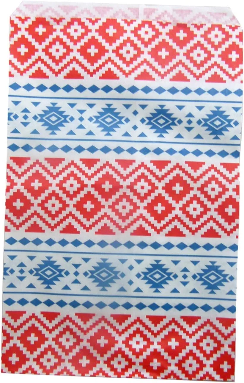 N'icePackaging 300 Qty 4" x 6" Decorative Flat Paper Gift Bags - Tribal Pattern on White Kraft Bags - For Sales/Treats/Parties Cookies/Gifts
