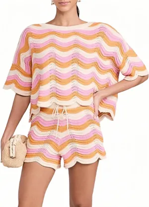 NIFTRIRY 2 Piece Sets for Women Short Sleeve Striepd Crochet Cover Up and Shorts with Drawstring Beach Vacation Clothes