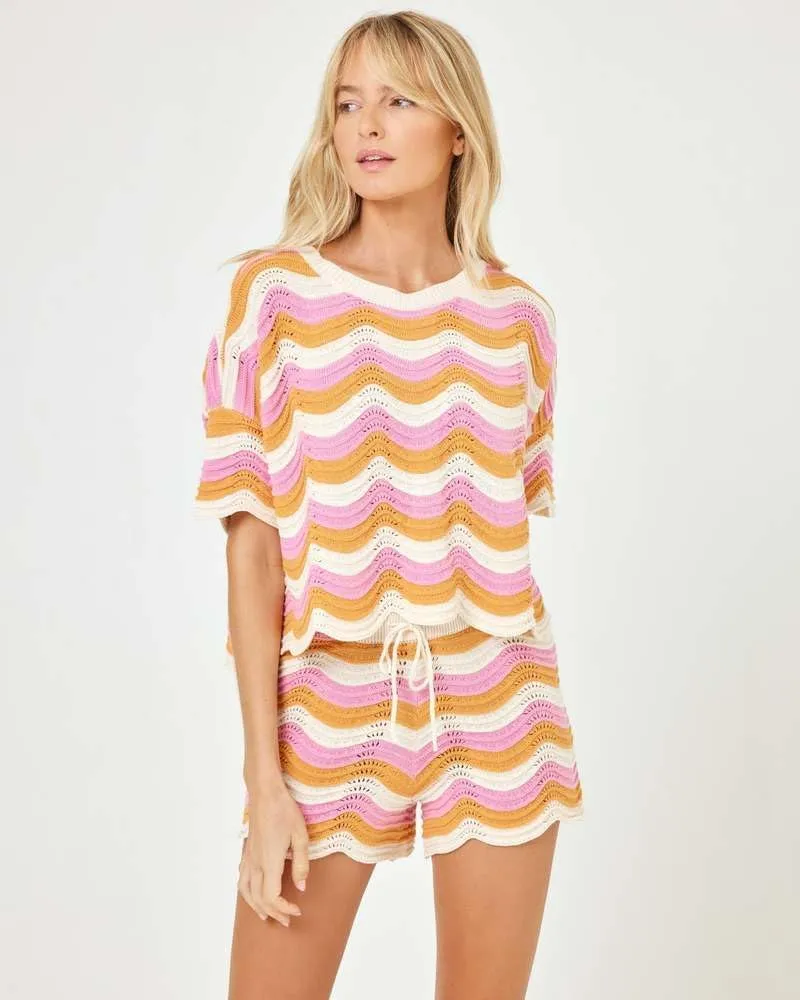 NIFTRIRY 2 Piece Sets for Women Short Sleeve Striepd Crochet Cover Up and Shorts with Drawstring Beach Vacation Clothes
