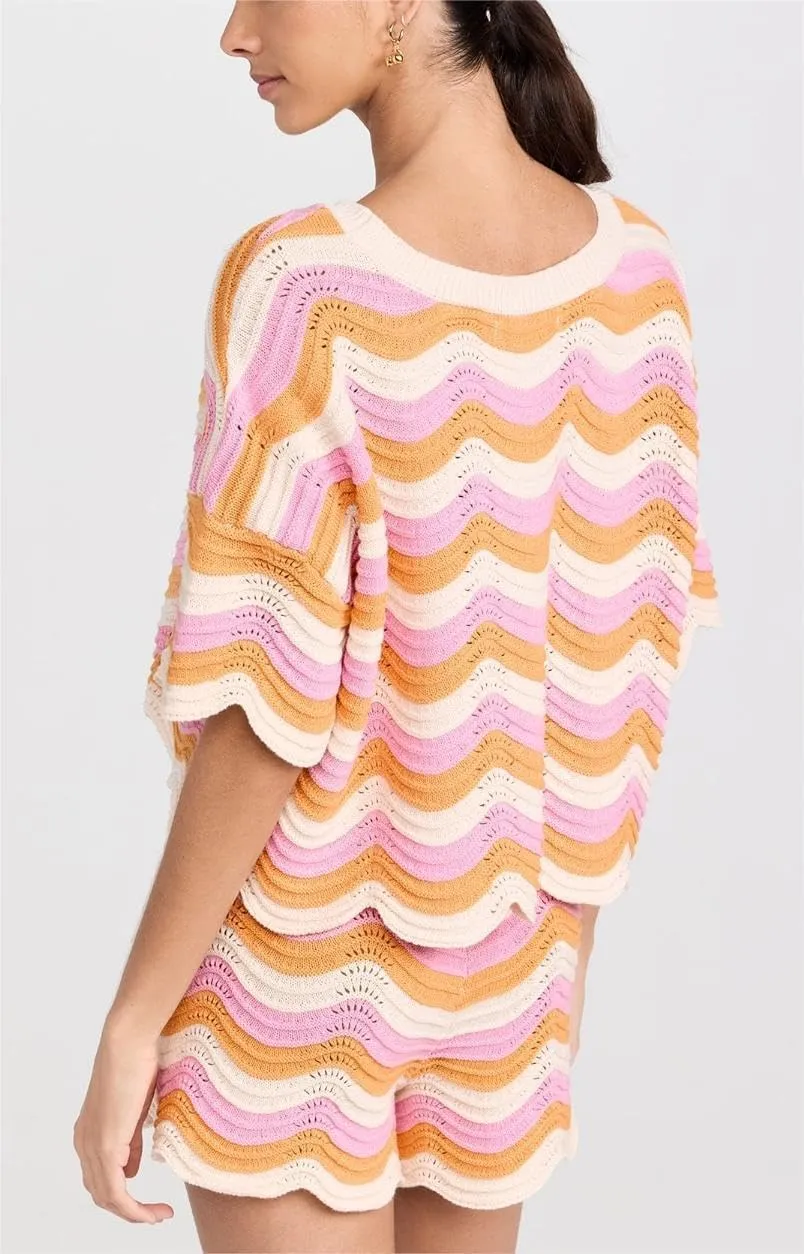 NIFTRIRY 2 Piece Sets for Women Short Sleeve Striepd Crochet Cover Up and Shorts with Drawstring Beach Vacation Clothes