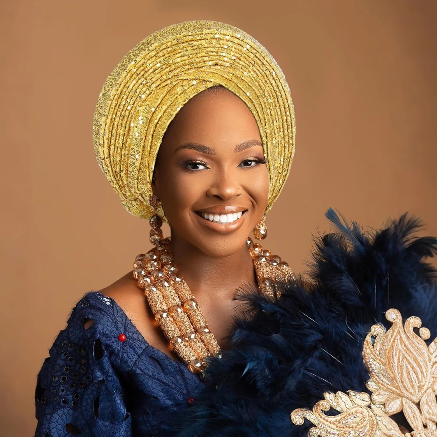 Nigerian Women's hat Folding Fan African Headscarf hat,Auto Gel Headwear,Suitable for Weddings,Parties,Special
