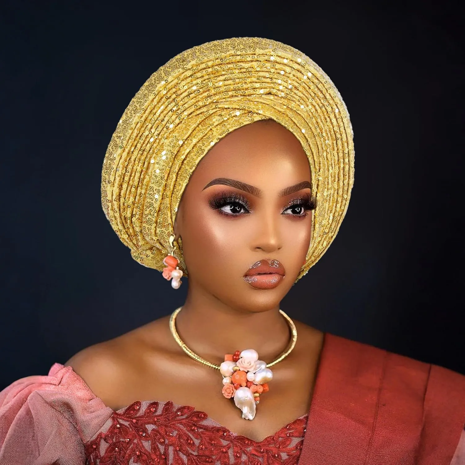 Nigerian Women's hat Folding Fan African Headscarf hat,Auto Gel Headwear,Suitable for Weddings,Parties,Special