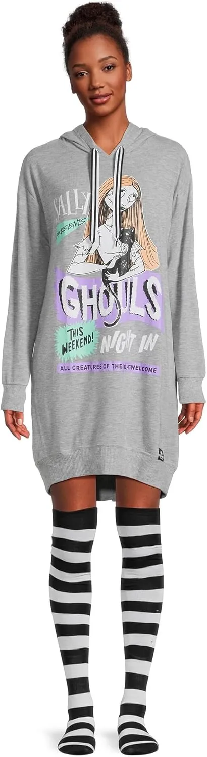 Nightmare Before Christmas Women's Sally Ghouls Night In 2-Piece Hooded Sleepshirt Pajama Sleep Set with knee High Socks