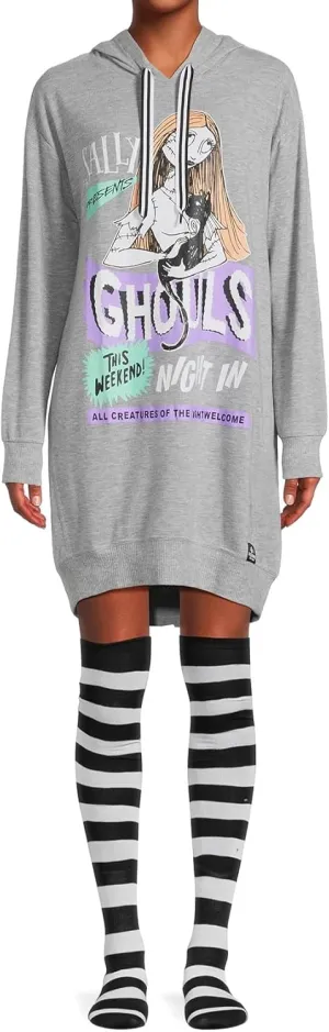 Nightmare Before Christmas Women's Sally Ghouls Night In 2-Piece Hooded Sleepshirt Pajama Sleep Set with knee High Socks