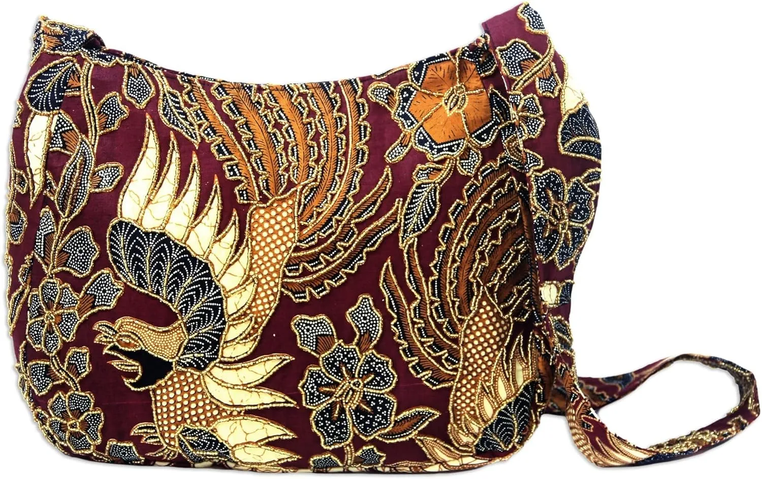NOVICA Artisan Handmade Beaded Cotton Batik Shoulder Bag Red Burgundy Marsala Indonesia Animal Themed Bird 'King'S Bird'