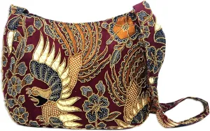 NOVICA Artisan Handmade Beaded Cotton Batik Shoulder Bag Red Burgundy Marsala Indonesia Animal Themed Bird 'King'S Bird'