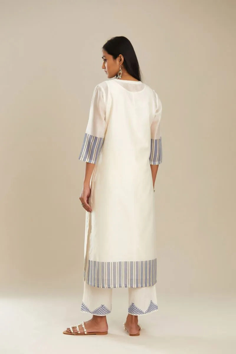 Off white chanderi kurta set with blue stripes
