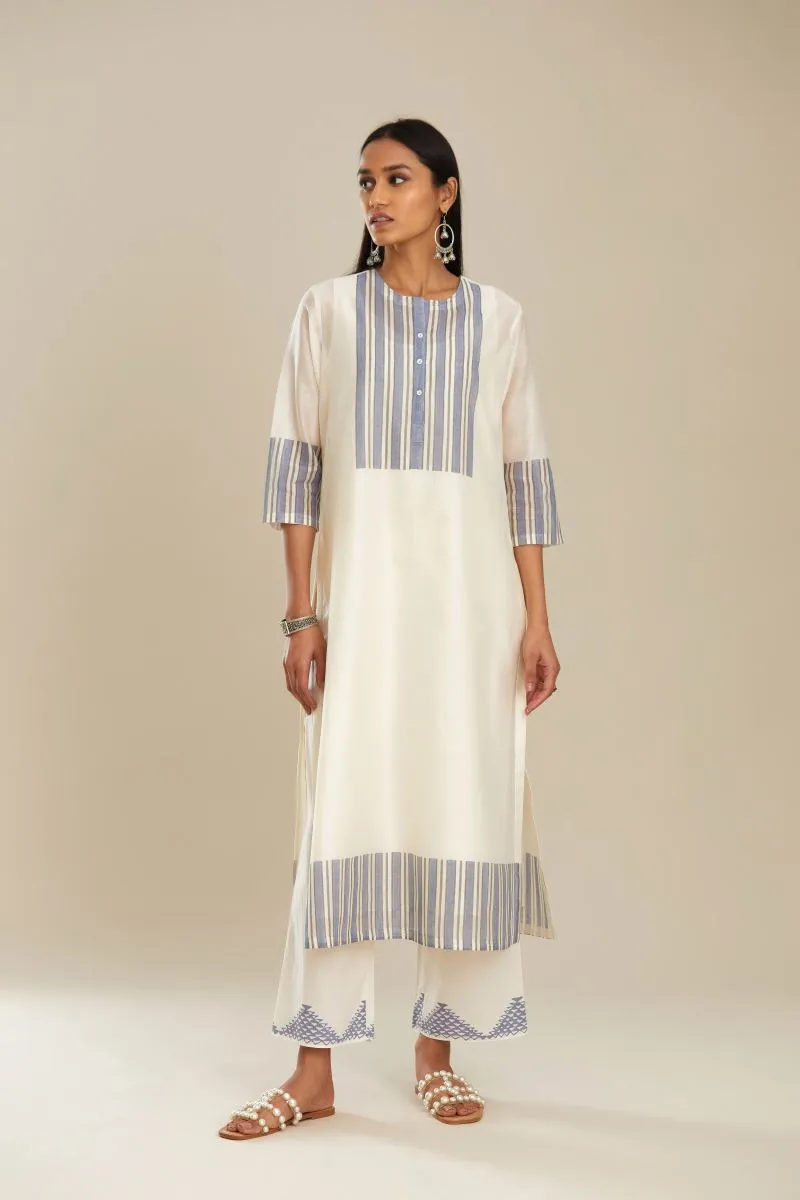 Off white chanderi kurta set with blue stripes
