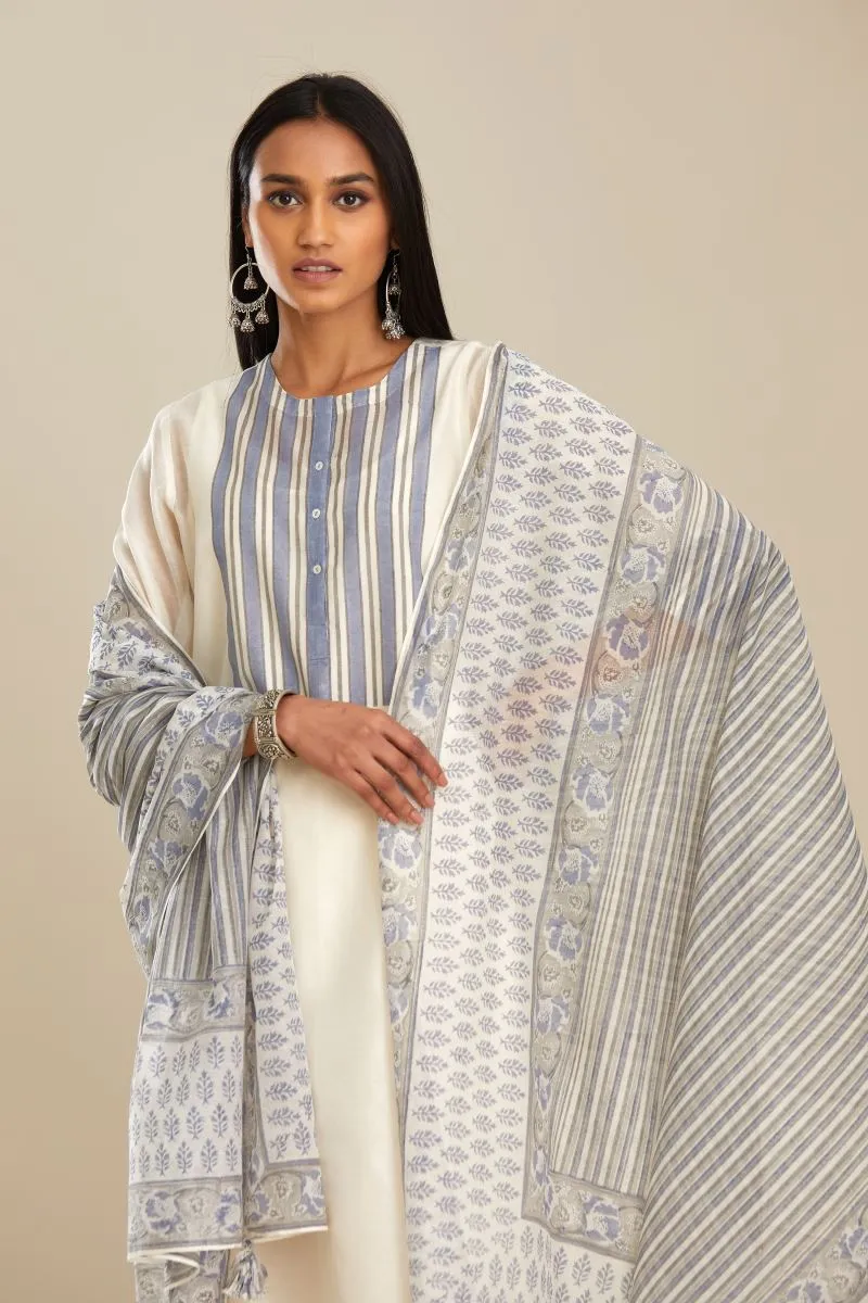 Off white chanderi kurta set with blue stripes