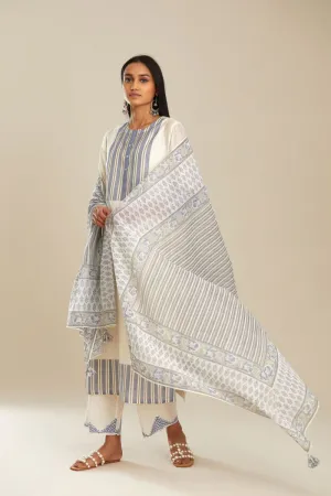 Off white chanderi kurta set with blue stripes
