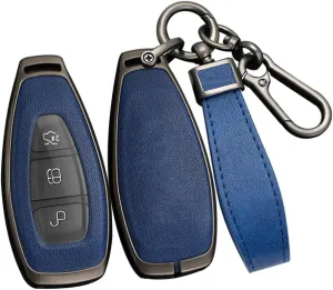 ontto Intelligent Key Fob Case with Keychain Solid Key Shell Metal and Leather Car Key Cover Compatible with Ford Focus 3 4 ST Mondeo MK3 MK4 Fiesta Fusion Kuga Blue