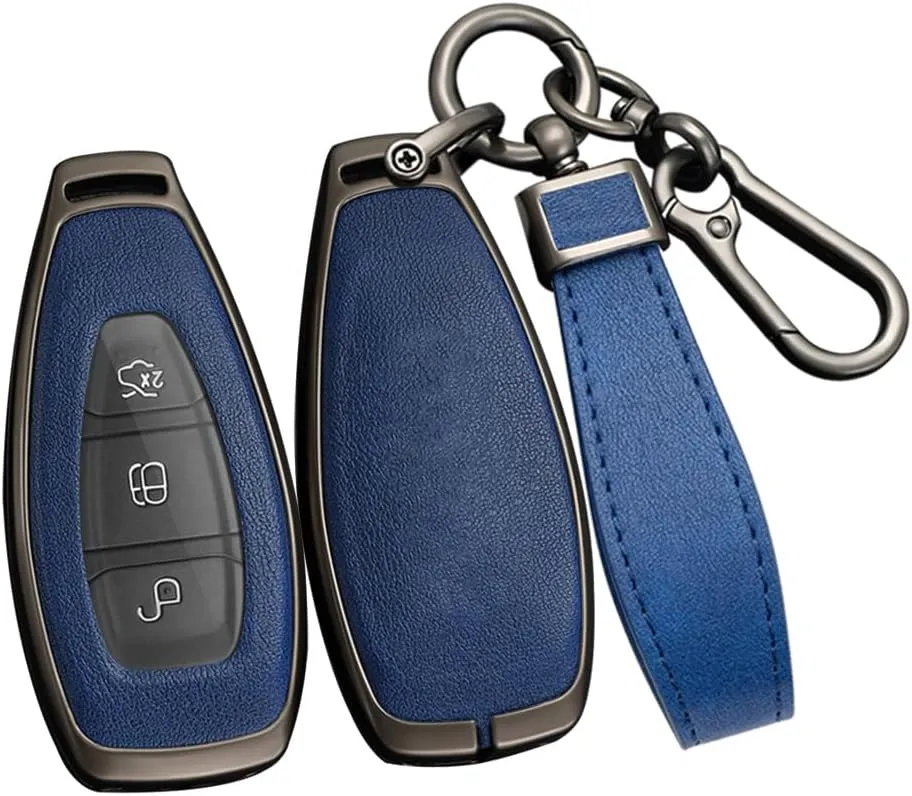 ontto Intelligent Key Fob Case with Keychain Solid Key Shell Metal and Leather Car Key Cover Compatible with Ford Focus 3 4 ST Mondeo MK3 MK4 Fiesta Fusion Kuga Blue
