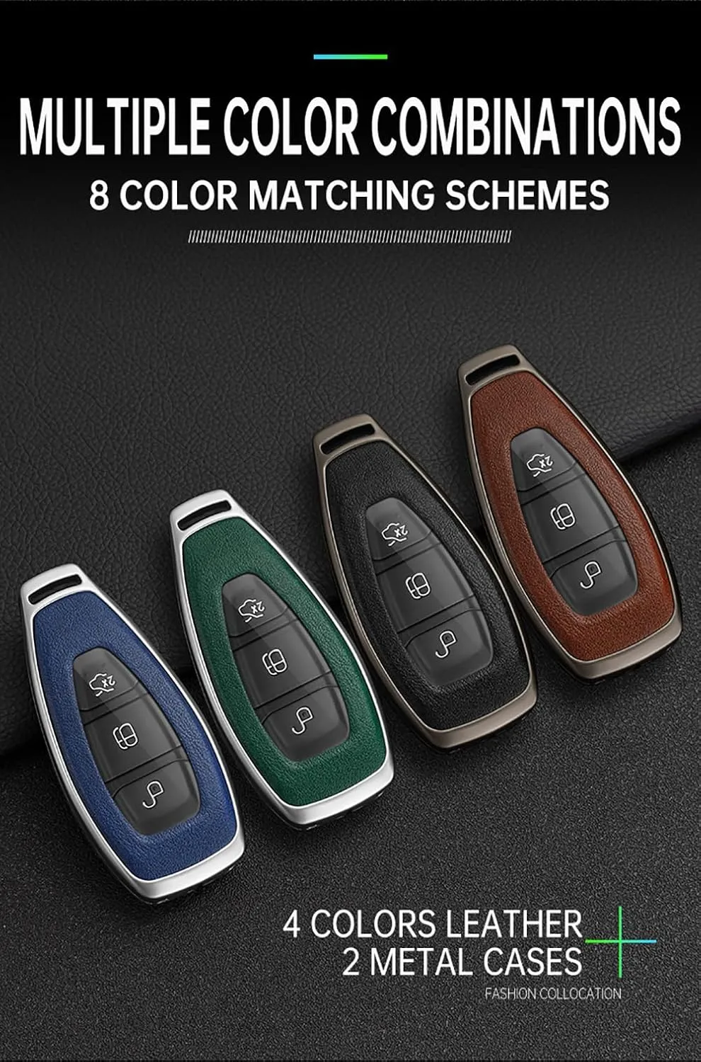 ontto Intelligent Key Fob Case with Keychain Solid Key Shell Metal and Leather Car Key Cover Compatible with Ford Focus 3 4 ST Mondeo MK3 MK4 Fiesta Fusion Kuga Blue