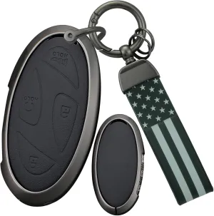 ontto Metal Key Housing Leather Car Key Cover 360 Degree Protection Key Fob Case Compatible with Hyundai Ioniq 6 Grandeur GN7 Kona Elantra 2023 2024 Key Remote,Black with USA Flag Keychain