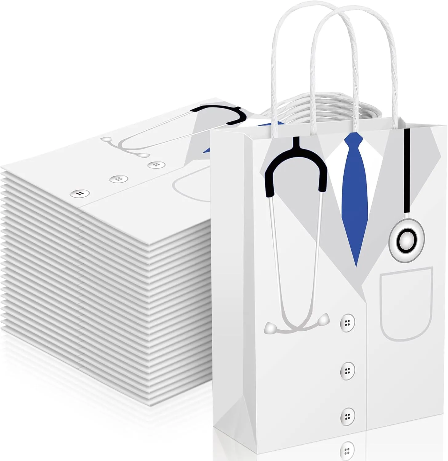 Outus 24 Pcs Doctor Gift Bags Medical Party Favor Bags White Coat Design Paper Bags with Handle for Graduation Birthday Doctor Themed Party