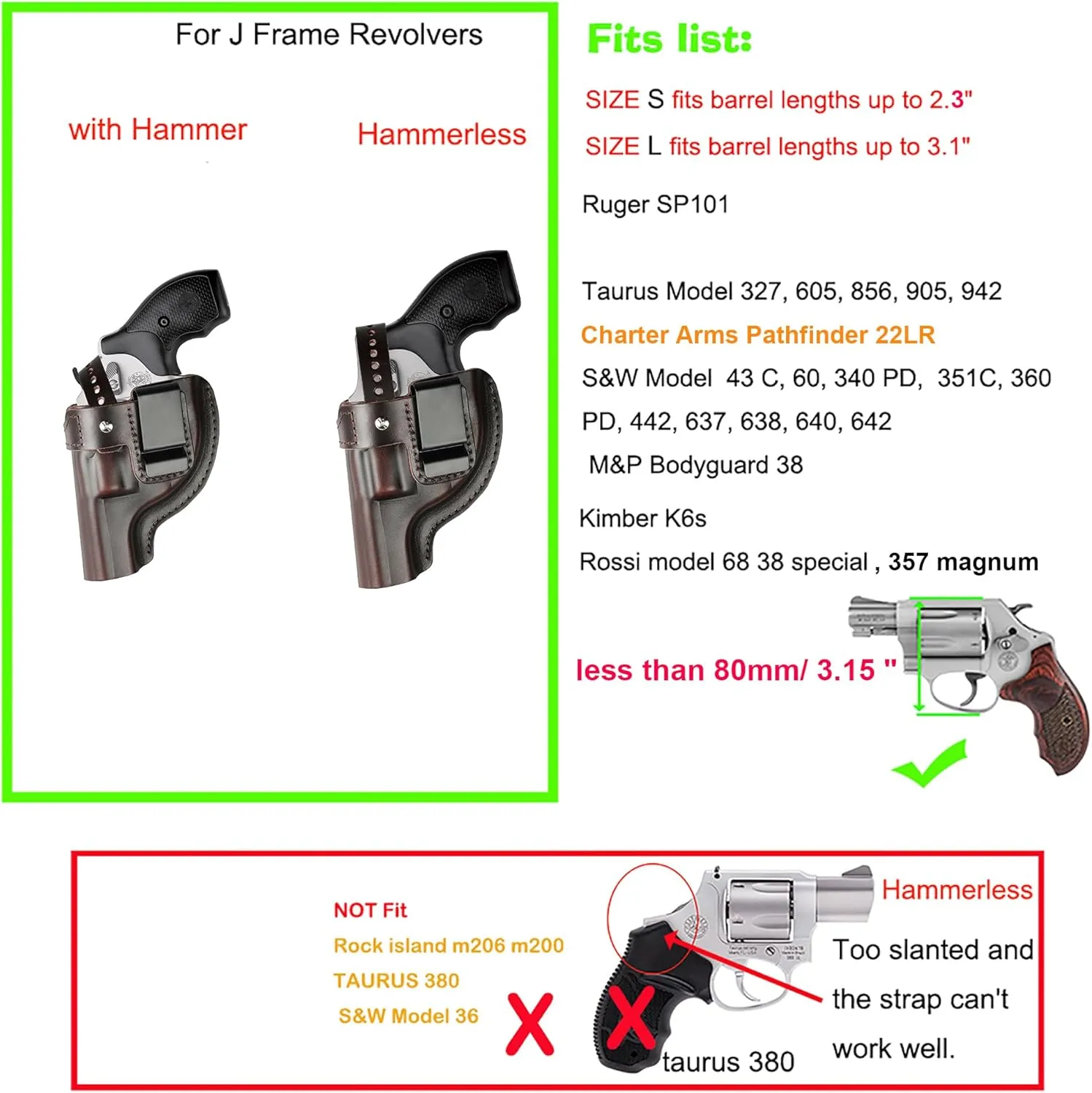OWB Leather Revolver Holster Fits .38 Special & J Frame Revolvers for Taurus 327/605/856/905 fits S&W 360PD/442/637/640/642 and SP101. Available in 2"/2.25", 2.5"/3" Barrel Options Outside The Belt
