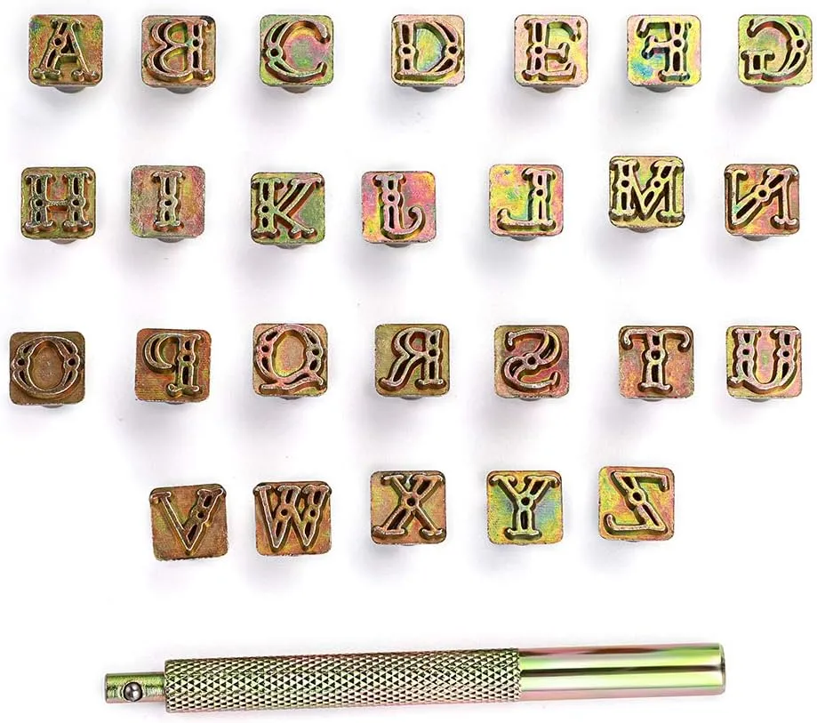 OwnMy Capital Letters Stamp Set, 3/8” / 9.5mm Alphabet Stamp Tools Set Leather Craft Stamping Tools Leather Art Craft Tool (9.5mm - 27pcs)