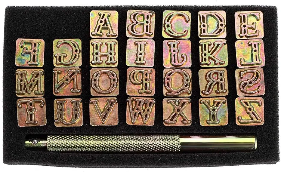 OwnMy Capital Letters Stamp Set, 3/8” / 9.5mm Alphabet Stamp Tools Set Leather Craft Stamping Tools Leather Art Craft Tool (9.5mm - 27pcs)