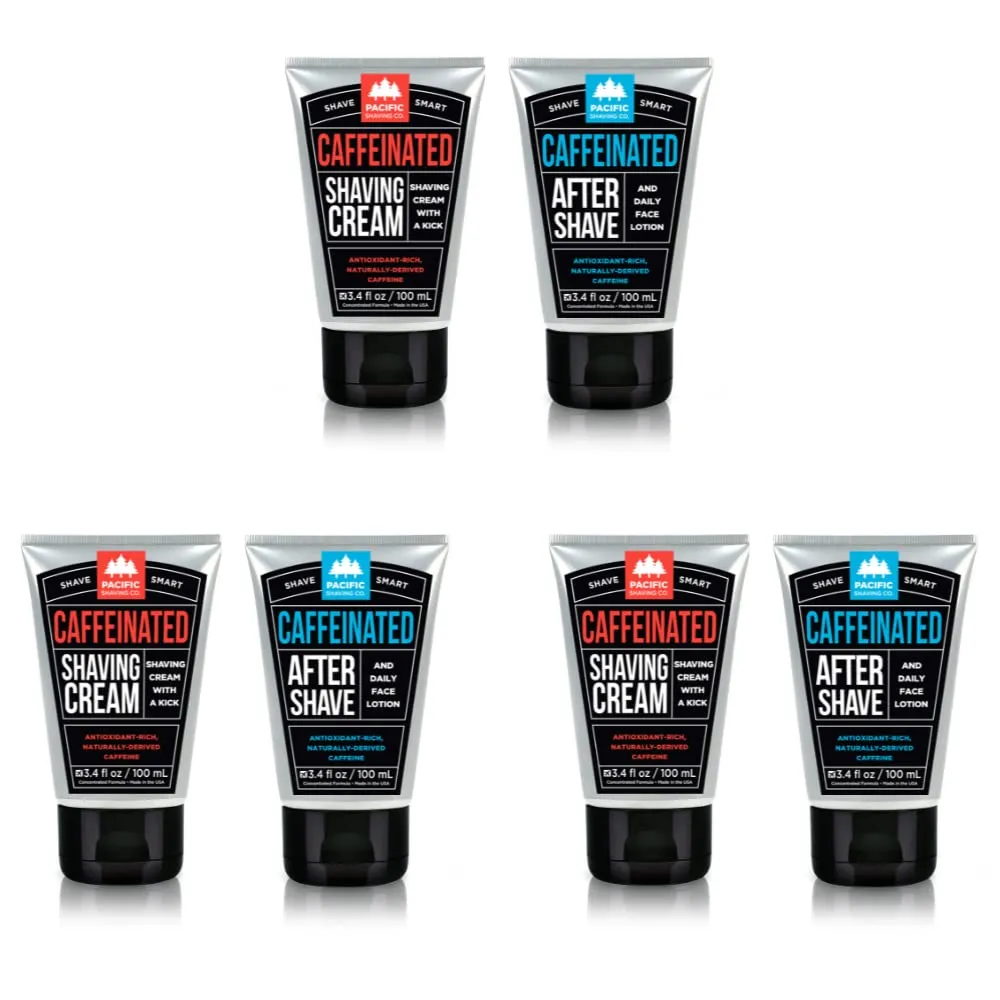 Pacific Shaving Company Caffeinated Shaving Set 6 Pieces - Caffeinated Shaving Cream, 3 Units | Caffeinated Aftershave, 3 Units