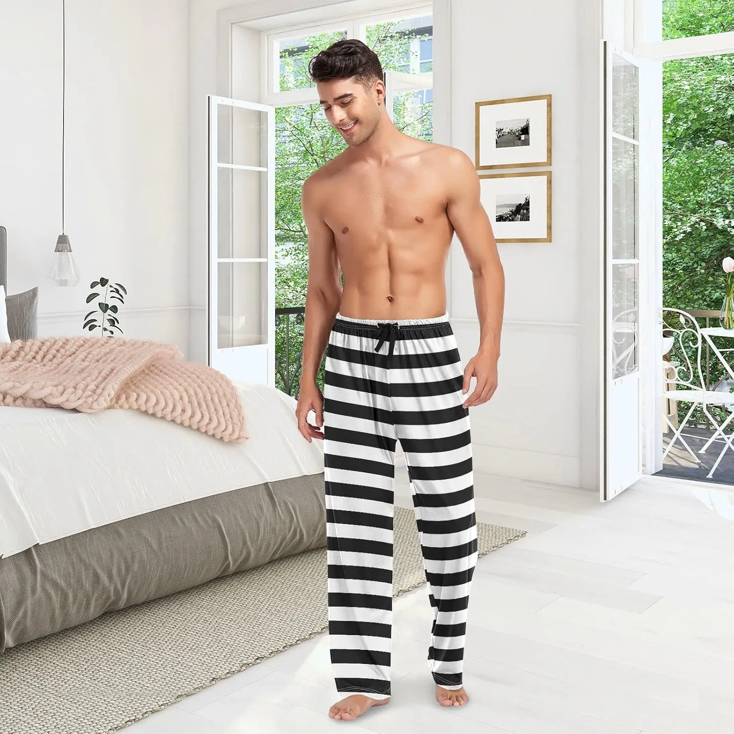Pajama Pants Mens Lounge Pants Super Soft Pajama Bottoms with Pockets,Retro White and Black Striped