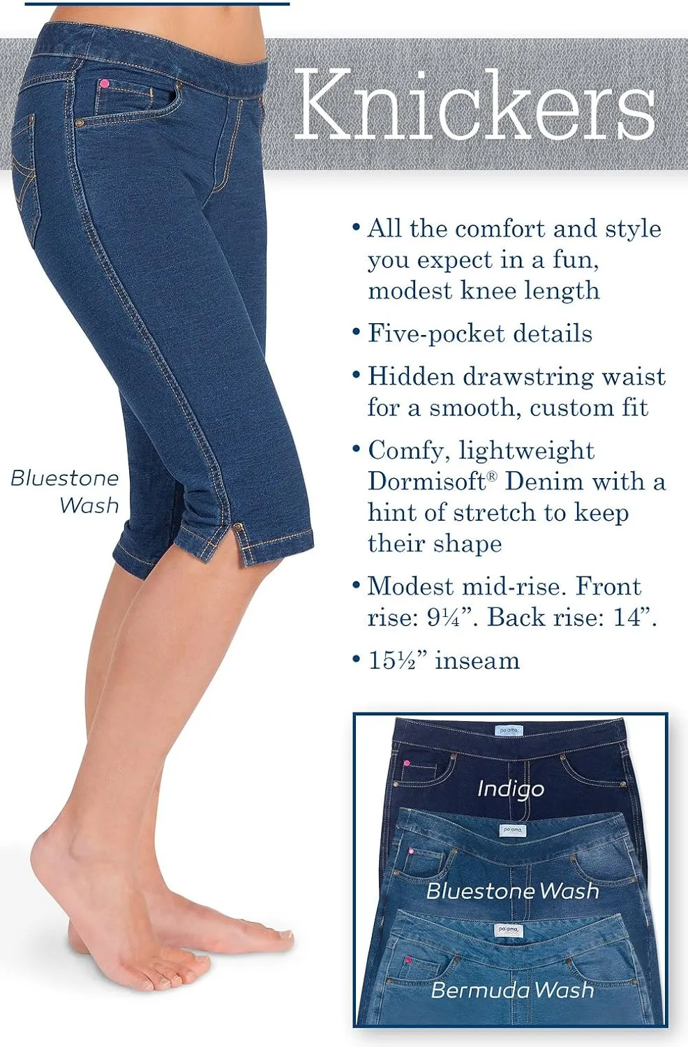 PajamaJeans Ladies Bermuda Shorts for Women - Pedal Pushers for Women Knee Length Shorts - Pull on Shorts Women with Pockets