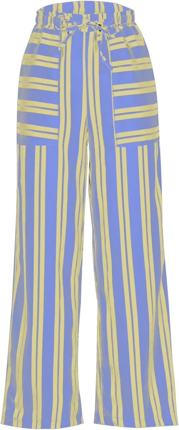 Palazzo Pants for Women Drawstring Stripe Wide Leg Trousers Casual Low Rise Loose Lounge Pants with Pockets