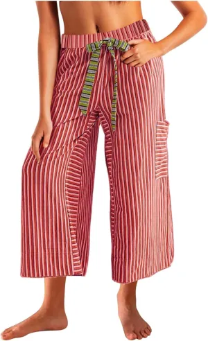 Palazzo Pants for Women Drawstring Stripe Wide Leg Trousers Casual Low Rise Loose Lounge Pants with Pockets