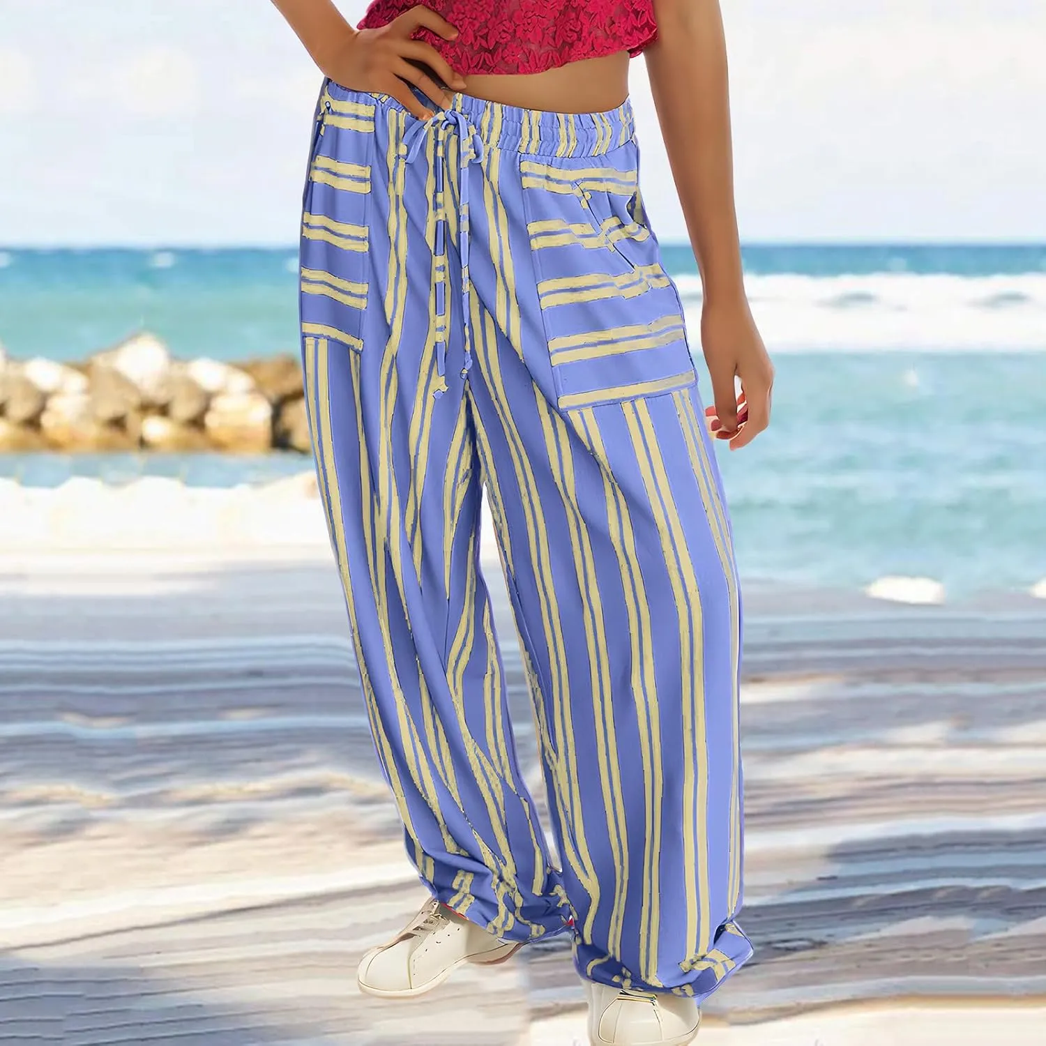 Palazzo Pants for Women Drawstring Stripe Wide Leg Trousers Casual Low Rise Loose Lounge Pants with Pockets