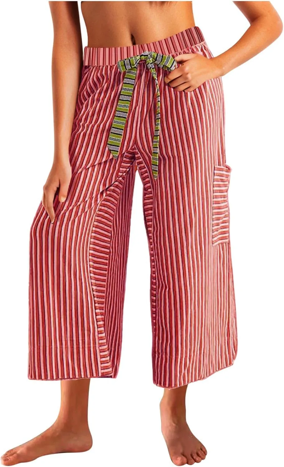 Palazzo Pants for Women Drawstring Stripe Wide Leg Trousers Casual Low Rise Loose Lounge Pants with Pockets