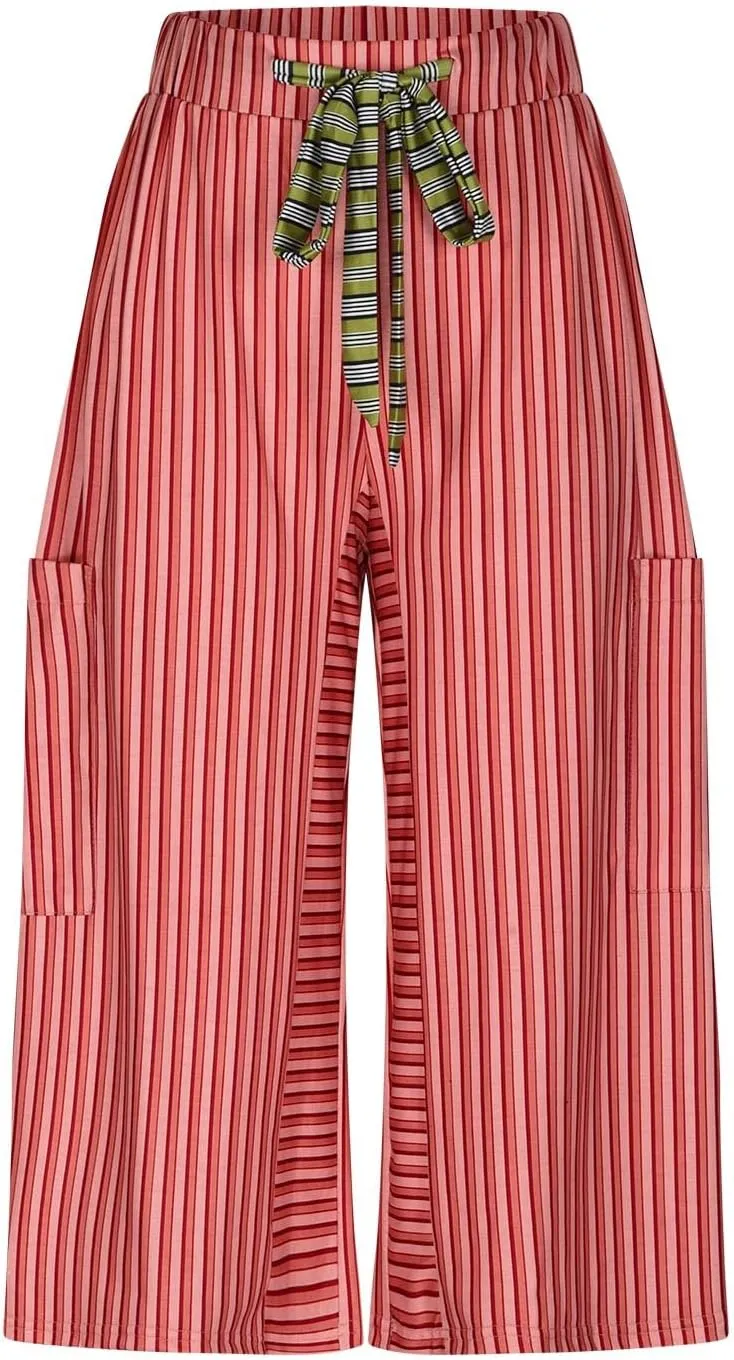 Palazzo Pants for Women Drawstring Stripe Wide Leg Trousers Casual Low Rise Loose Lounge Pants with Pockets