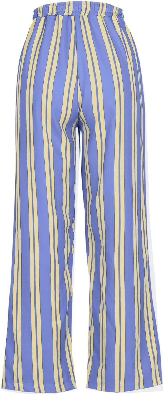 Palazzo Pants for Women Drawstring Stripe Wide Leg Trousers Casual Low Rise Loose Lounge Pants with Pockets