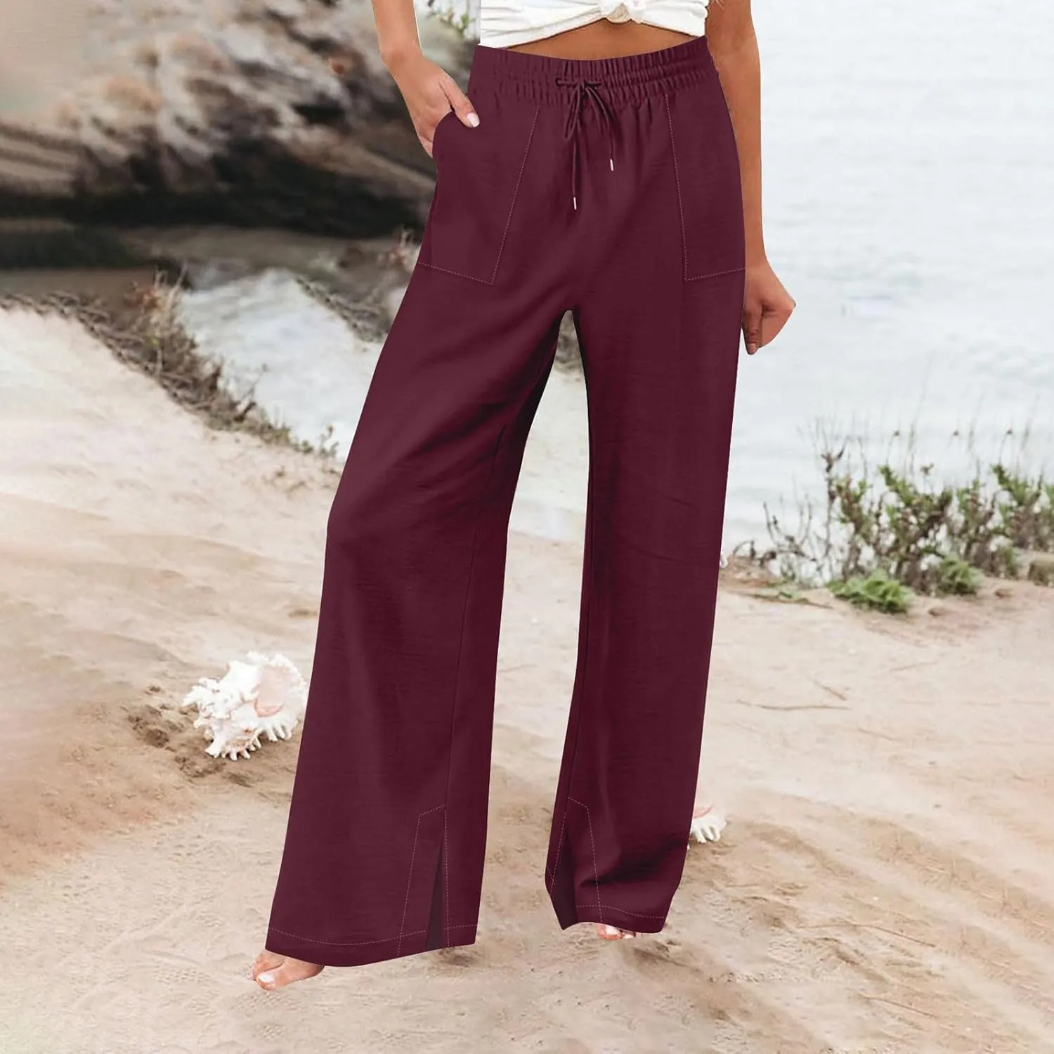 Pants for Women Workout Athletic High Waist Drawstring Palazzo Pants Casual Loose Side Slit Long Lounge Pants with Pockets