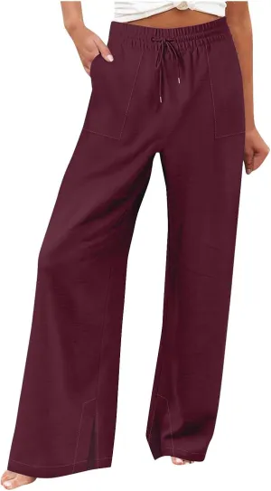 Pants for Women Workout Athletic High Waist Drawstring Palazzo Pants Casual Loose Side Slit Long Lounge Pants with Pockets