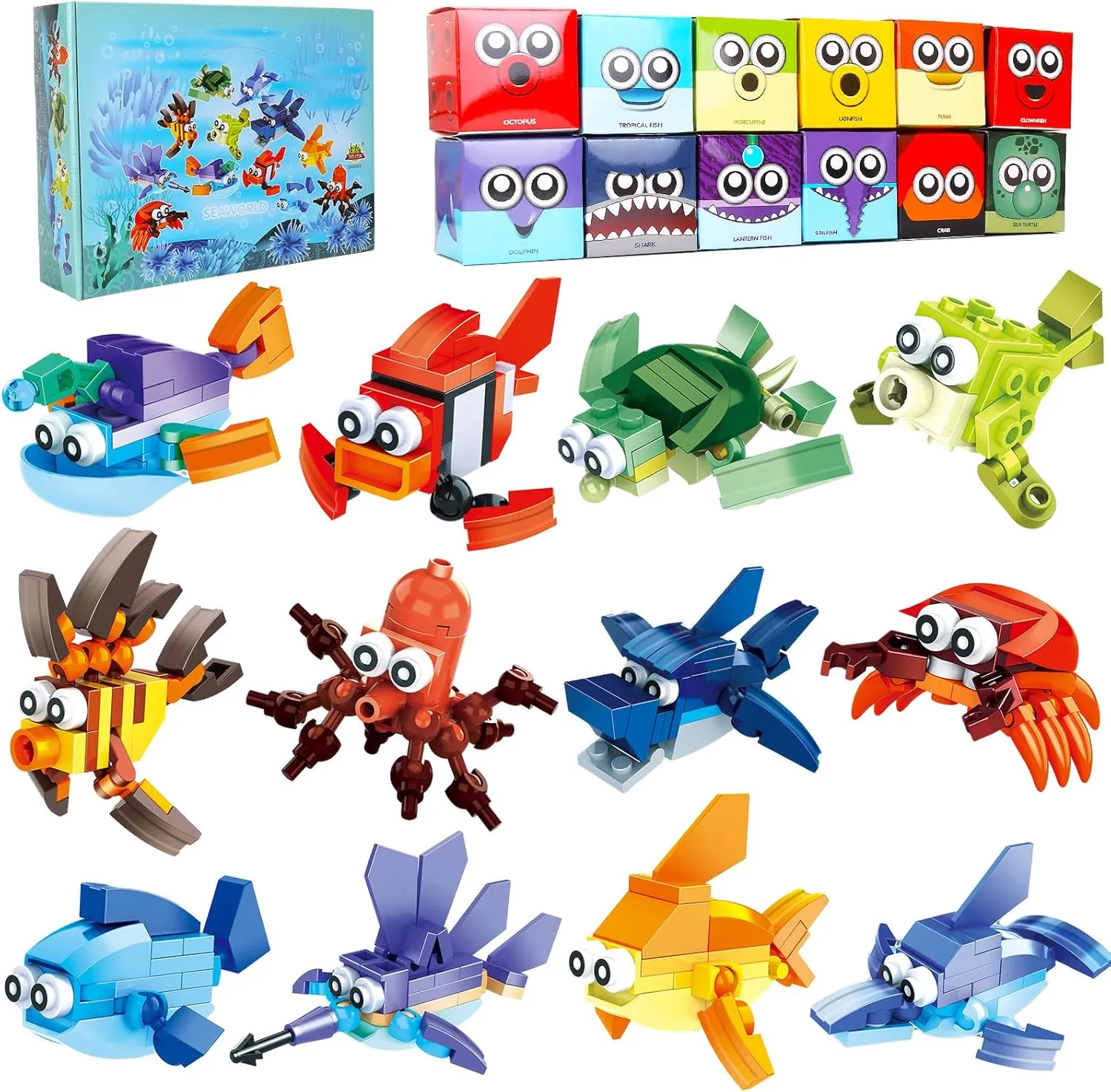 Party Favors for Kids Goodie Bags ,12PCS Mini Building Blocks Ocean Animal, Sea Creatures Building Blocks Set，Building Sets Stem Toys for Birthday Party Gift,Goodie Bags, Prize,Cake Topper