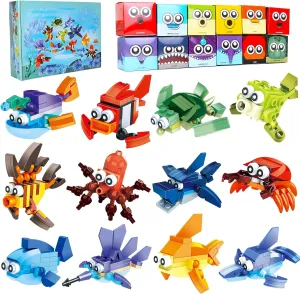 Party Favors for Kids Goodie Bags ,12PCS Mini Building Blocks Ocean Animal, Sea Creatures Building Blocks Set，Building Sets Stem Toys for Birthday Party Gift,Goodie Bags, Prize,Cake Topper