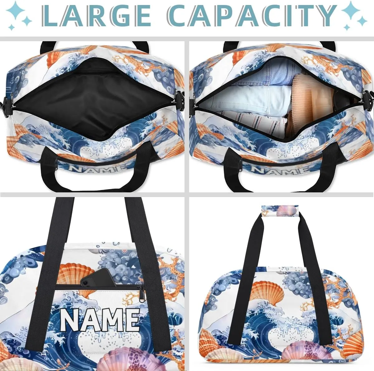 Personalized Custom Gym Bag for Women Men Carry on Nautical Coastal Travel Duffel Tote Starfish Seashell Overnight Workout Weekender Bag