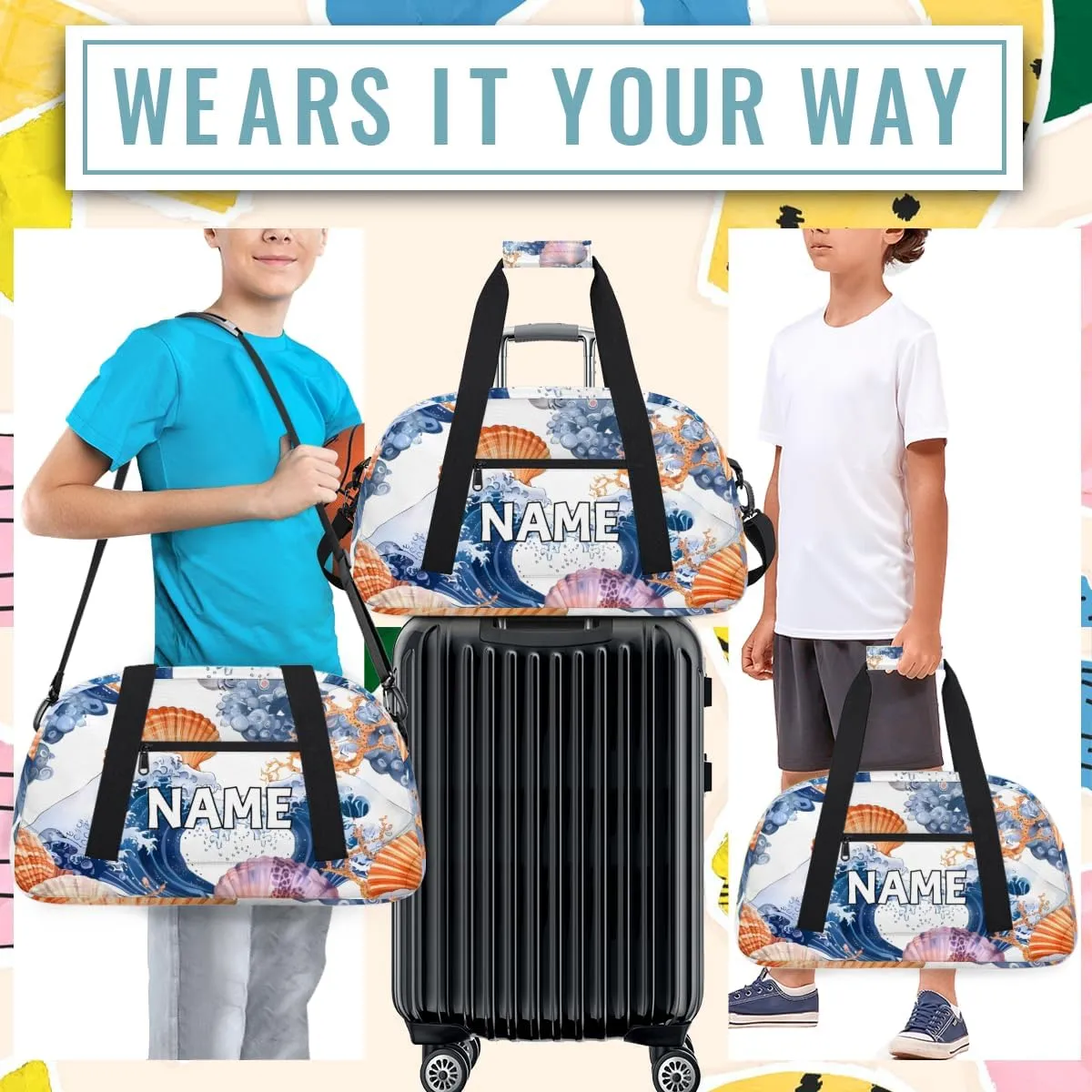 Personalized Custom Gym Bag for Women Men Carry on Nautical Coastal Travel Duffel Tote Starfish Seashell Overnight Workout Weekender Bag