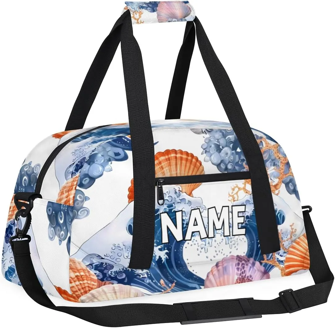 Personalized Custom Gym Bag for Women Men Carry on Nautical Coastal Travel Duffel Tote Starfish Seashell Overnight Workout Weekender Bag