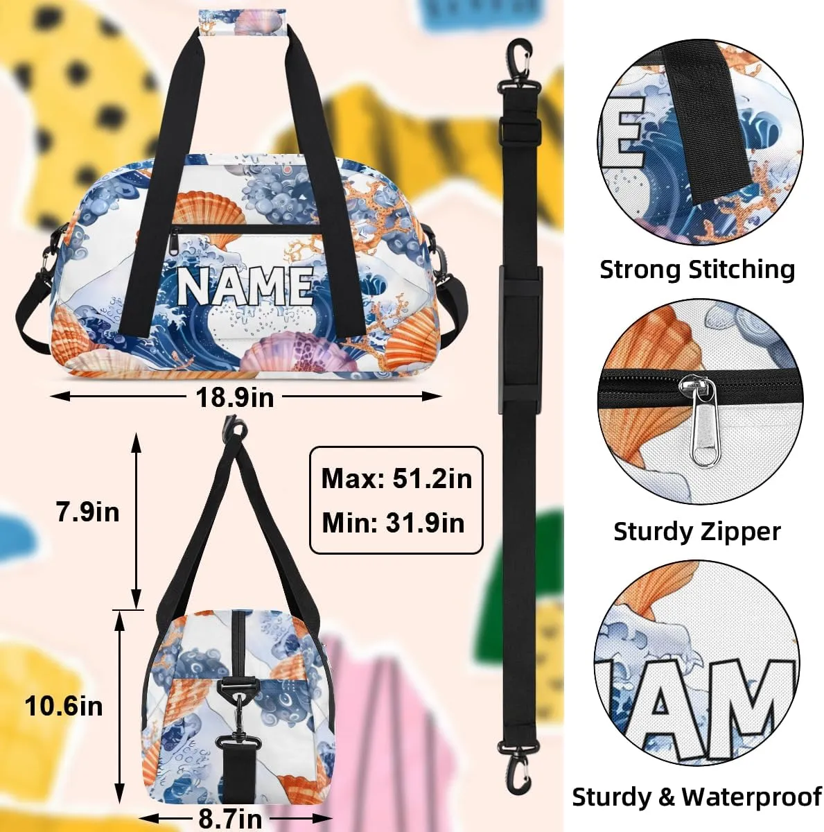 Personalized Custom Gym Bag for Women Men Carry on Nautical Coastal Travel Duffel Tote Starfish Seashell Overnight Workout Weekender Bag