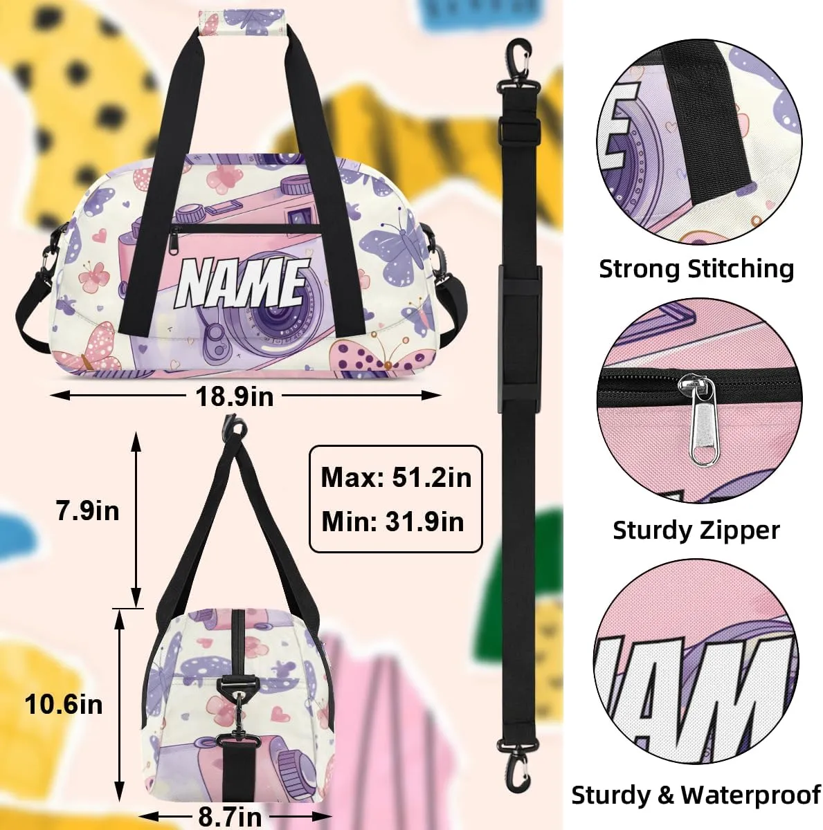 Personalized Custom Gym Bag for Women Men Carry on Purple Camera Travel Duffel Tote Butterflies Pattern Overnight Workout Weekender Bag